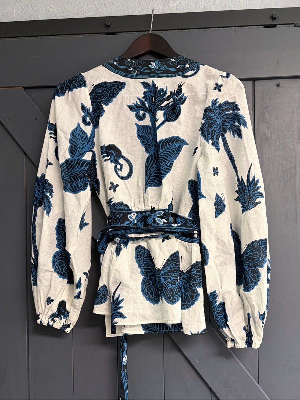 Banana Republic Cream Wrap Blouse with Blue Floral & Butterfly Print - Picture 7 of 9